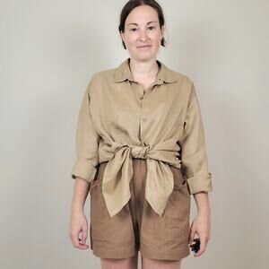 Vintage 90s Linen Button Up Shirt Tan XL